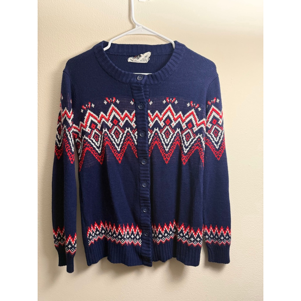 Women's Vintage Navy Red Fair Isle Cardigan M
